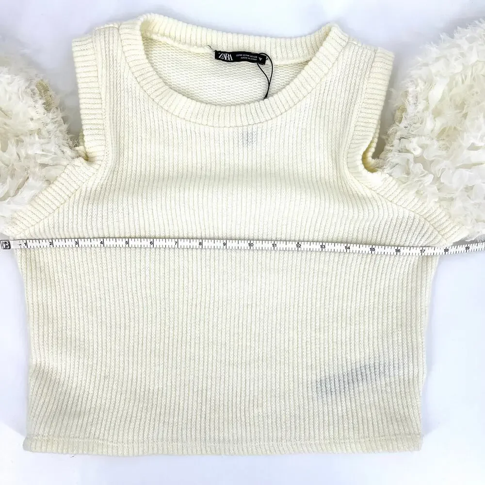 Zara Puff Cut Out Sleeve Crop Top Cream Size M NWOT